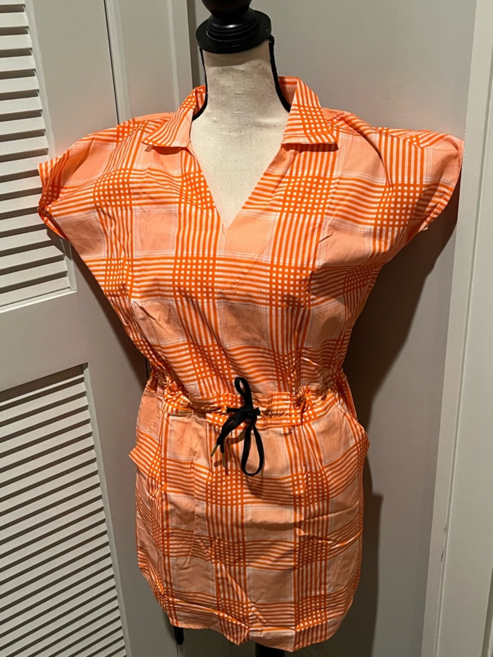 Orange Plaid Drawstring Mini Dress with V-Neck Collar